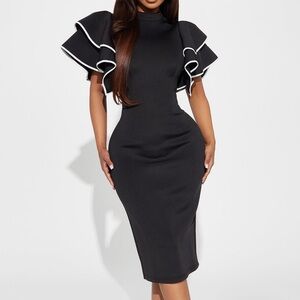 Fashion Nova Black Midi Dress with White Trim Ruffle Sleeves